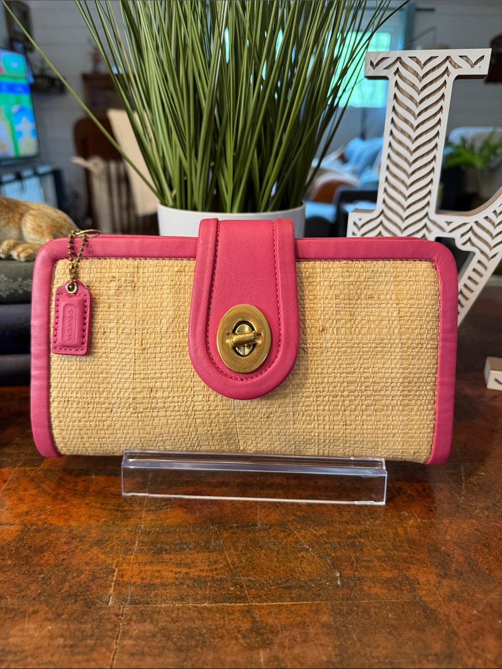 Coach Straw Wallet with Hot Pink Trim and Gold Hardware